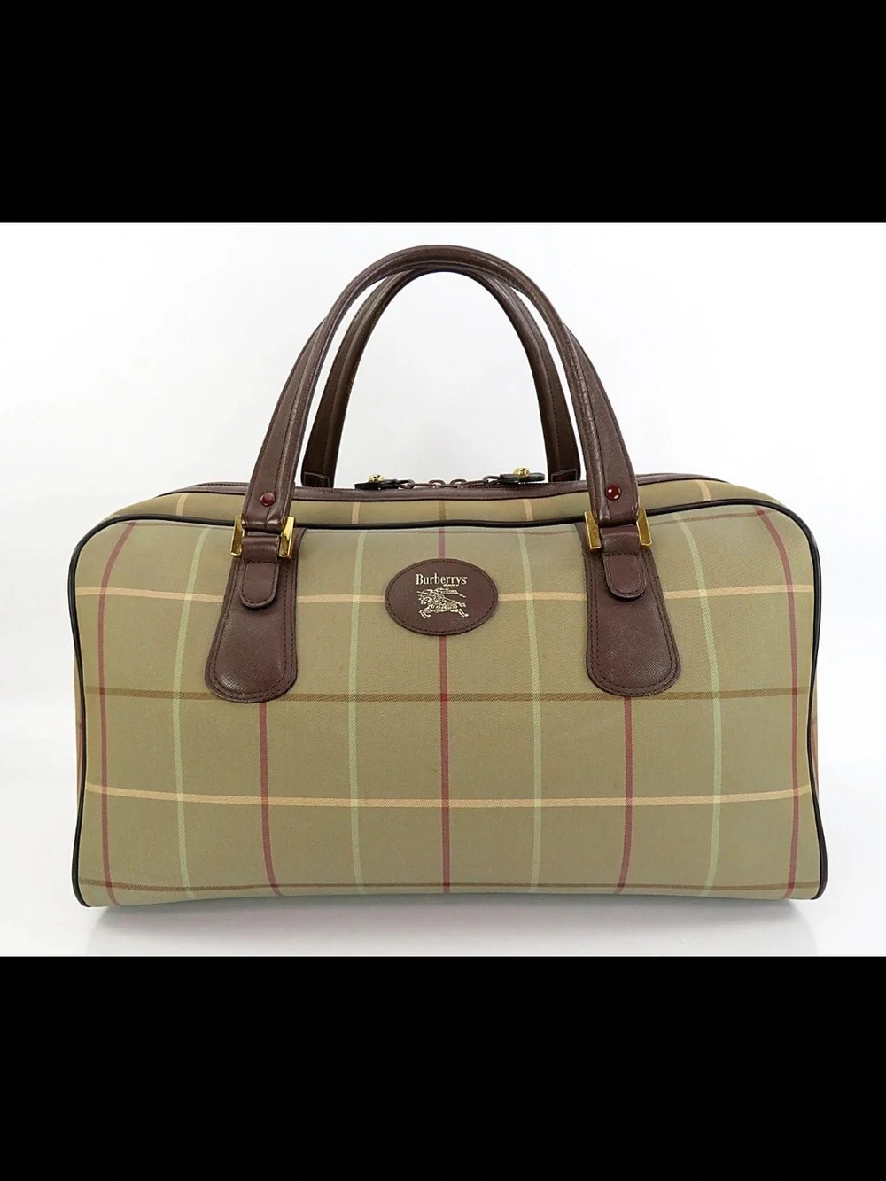 Burberry Olive Green Plaid Canvas Top-Handle Satchel with Brown Leather Trim